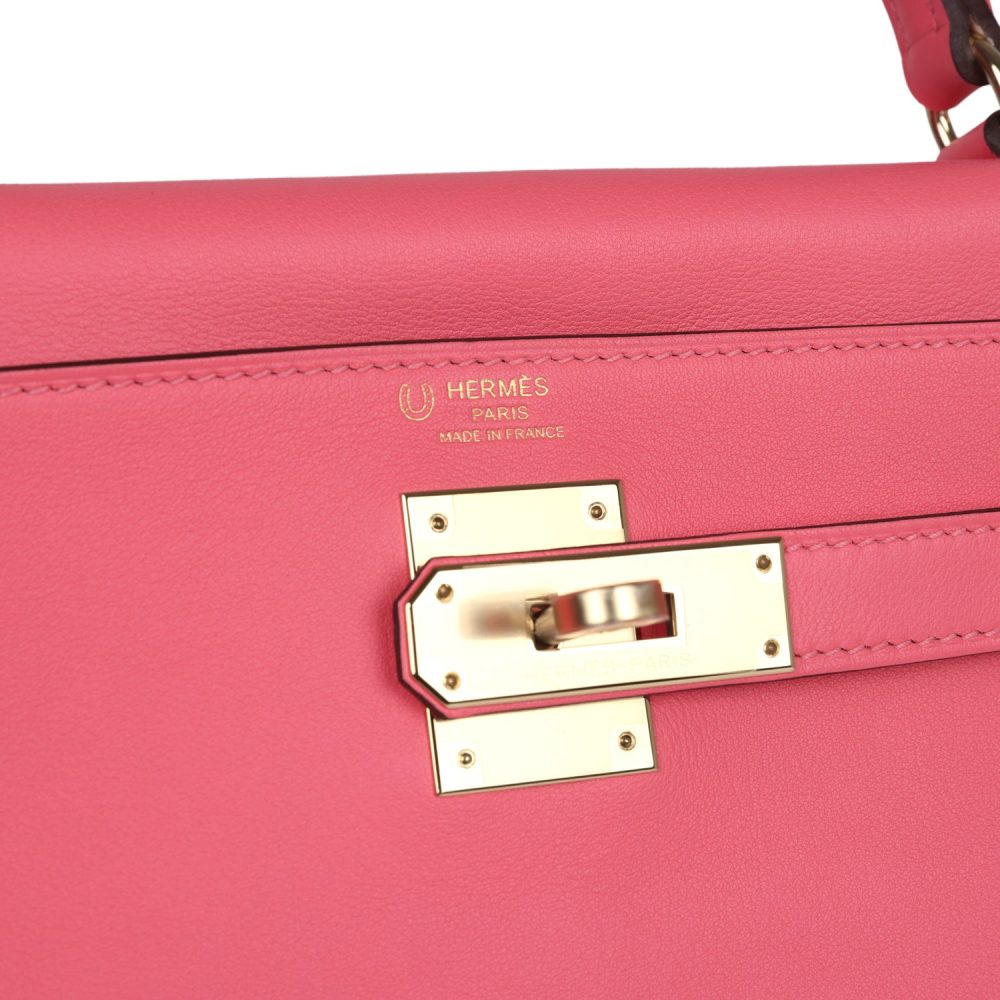 Hermes Special Order (HSS) Kelly Retourne 28 Rose Azalee and Vert Vertigo Swift Gold Hardware - Image 7