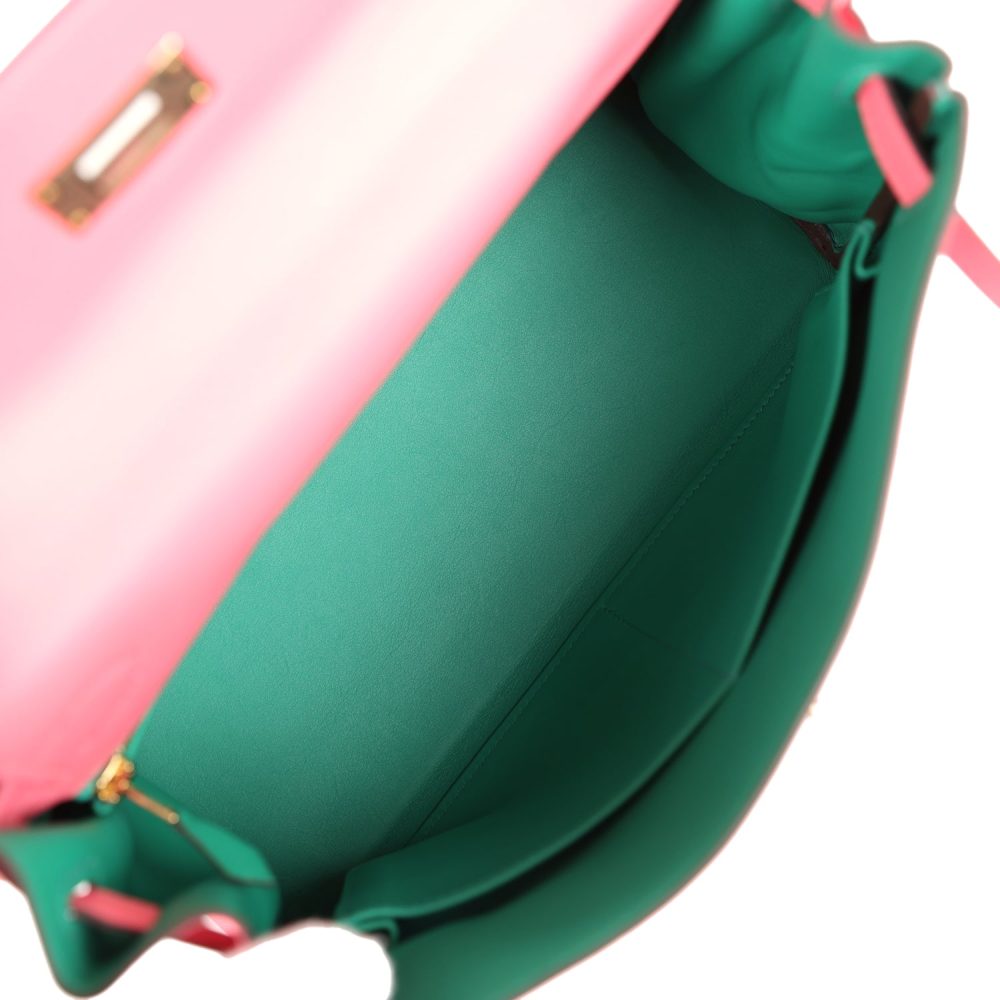 Hermes Special Order (HSS) Kelly Retourne 28 Rose Azalee and Vert Vertigo Swift Gold Hardware - Image 8