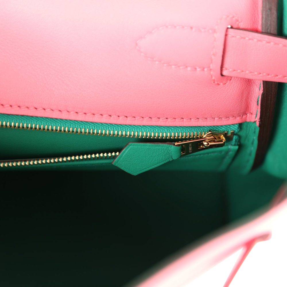 Hermes Special Order (HSS) Kelly Retourne 28 Rose Azalee and Vert Vertigo Swift Gold Hardware - Image 9