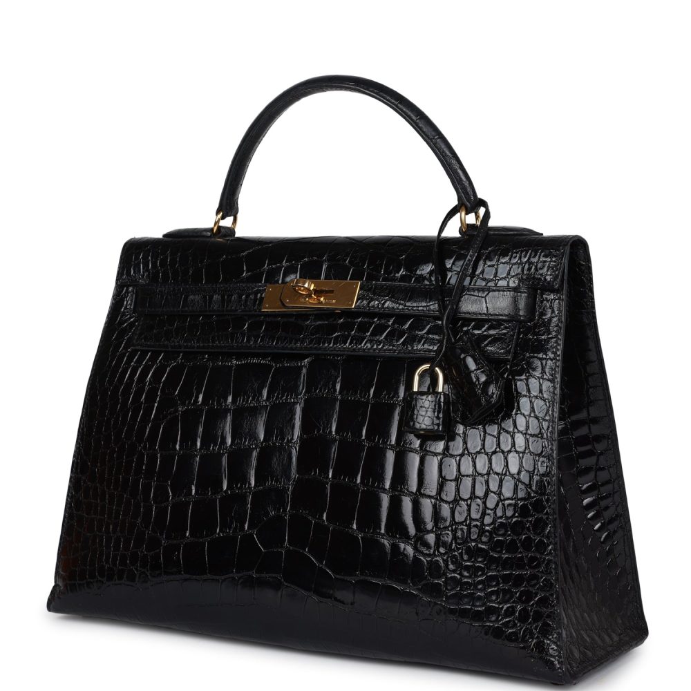 Vintage Hermes Kelly Sellier 32 Black Shiny Alligator Gold Hardware - Image 5