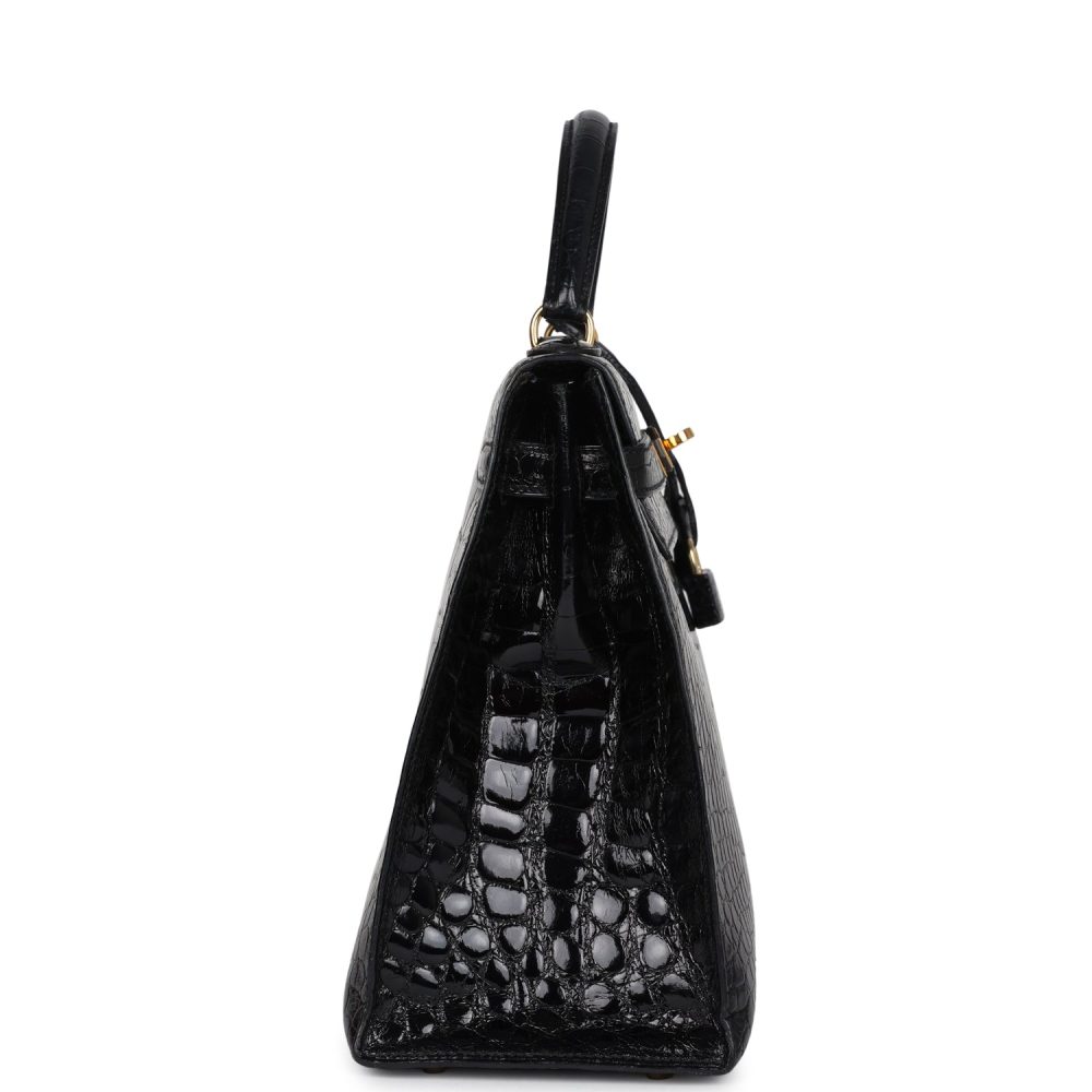 Vintage Hermes Kelly Sellier 32 Black Shiny Alligator Gold Hardware - Image 3