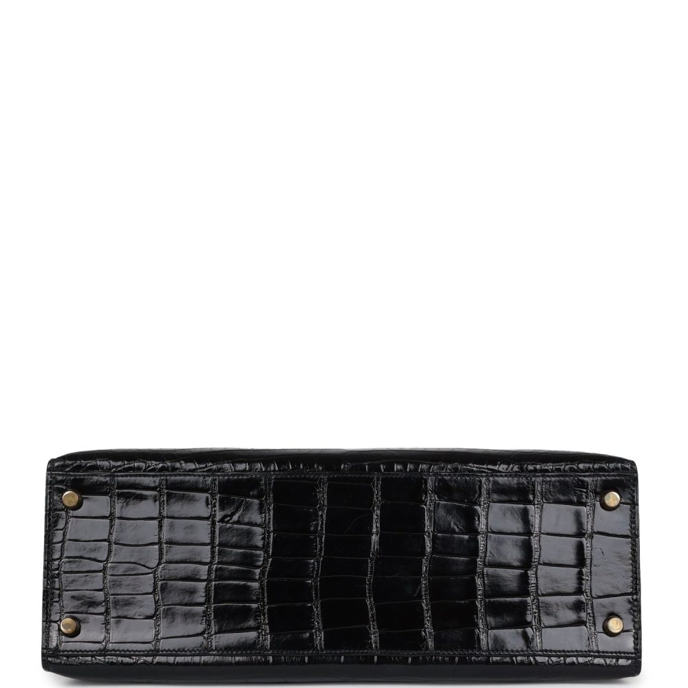 Vintage Hermes Kelly Sellier 32 Black Shiny Alligator Gold Hardware - Image 6