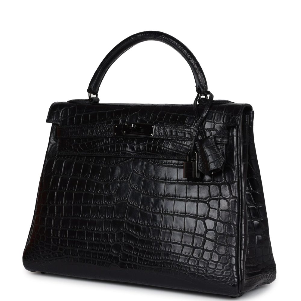 Pre-owned Hermes Kelly Retourne 32 SO Black Matte Niloticus Crocodile Black Hardware - Image 5