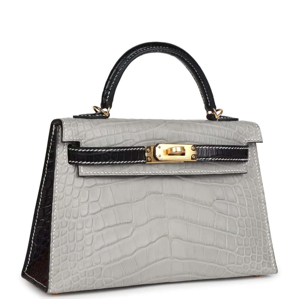 Hermes Special Order (HSS) Kelly Sellier 20 Gris Perle and Black Matte Alligator Gold Hardware - Image 2