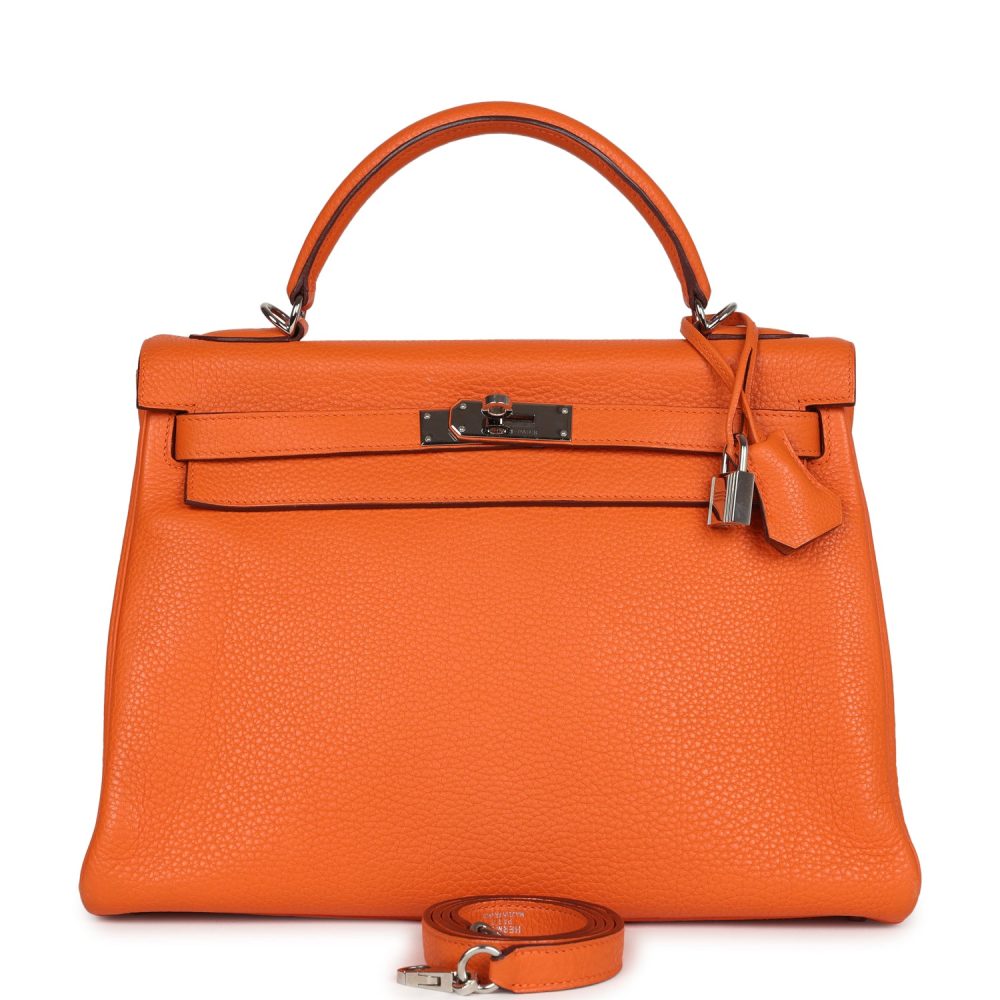 Pre-owned Hermes Kelly Retourne 35 Orange Togo Palladium Hardware