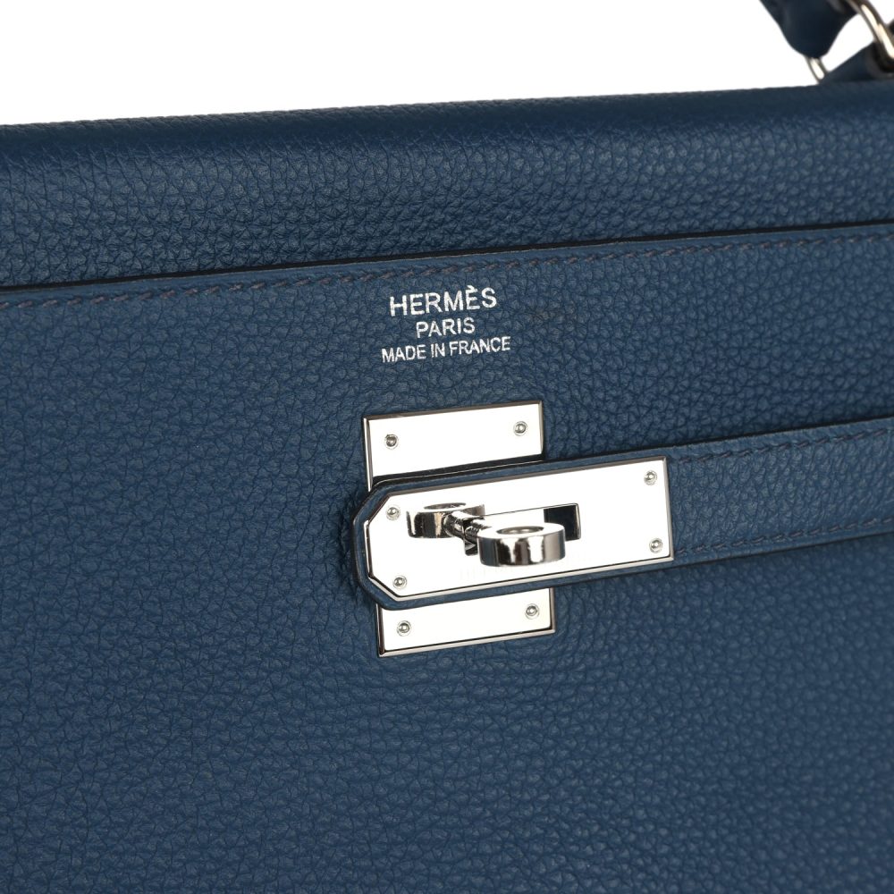 Pre-owned Hermes Kelly Retourne 35 Bleu De Prusse Togo Palladium Hardware - Image 7