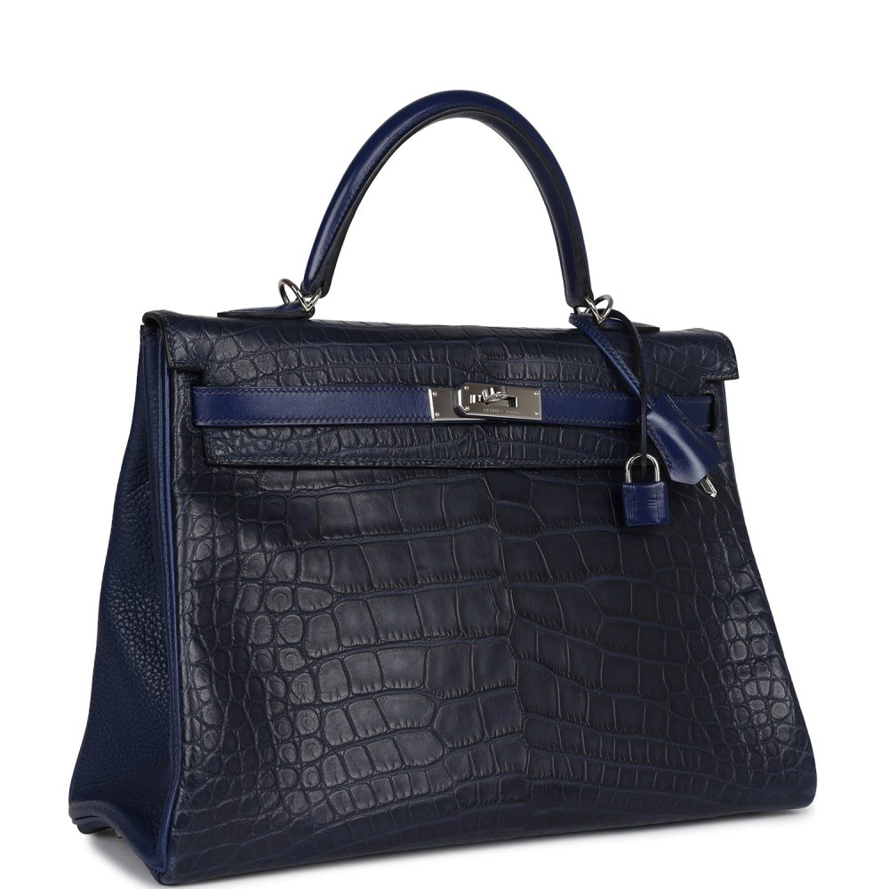 Pre-owned Hermes Kelly Retourne 35 Bleu Indigo Matte Alligator and Bleu Saphir Swift and Clemence Palladium Hardware - Image 2