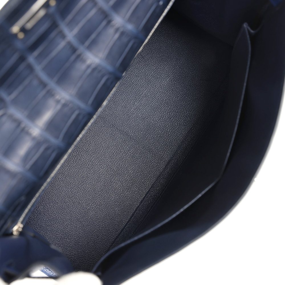 Pre-owned Hermes Kelly Retourne 35 Bleu Indigo Matte Alligator and Bleu Saphir Swift and Clemence Palladium Hardware - Image 8