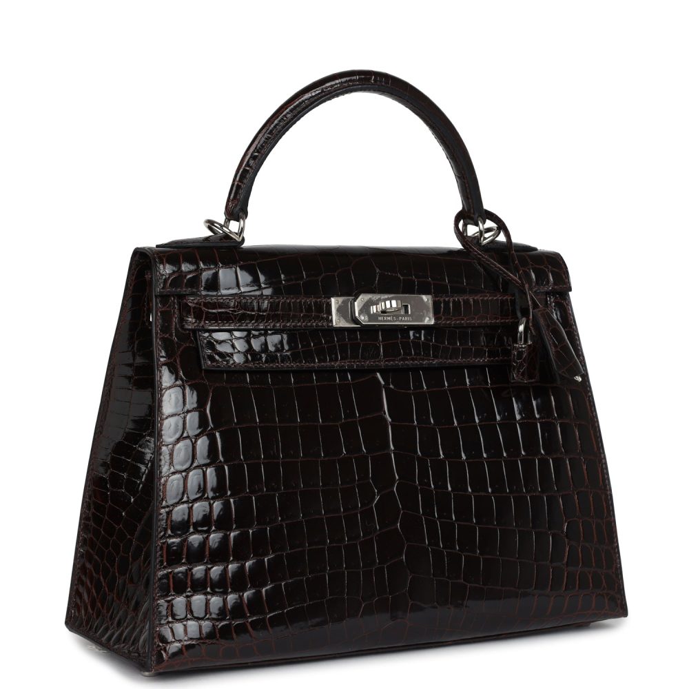 Pre-owned Hermes Kelly Sellier 28 Cocoan Shiny Niloticus Crocodile Palladium Hardware - Image 2