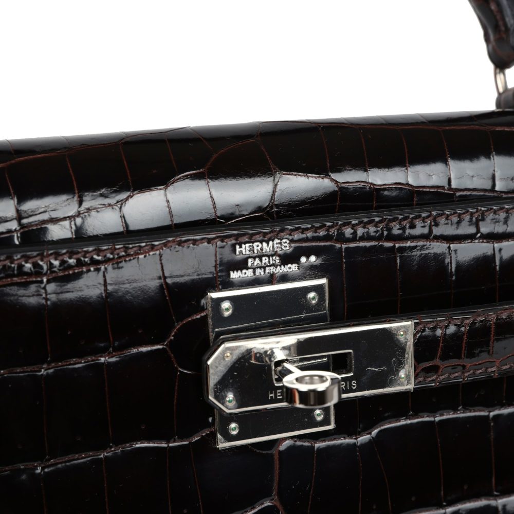 Pre-owned Hermes Kelly Sellier 28 Cocoan Shiny Niloticus Crocodile Palladium Hardware - Image 7