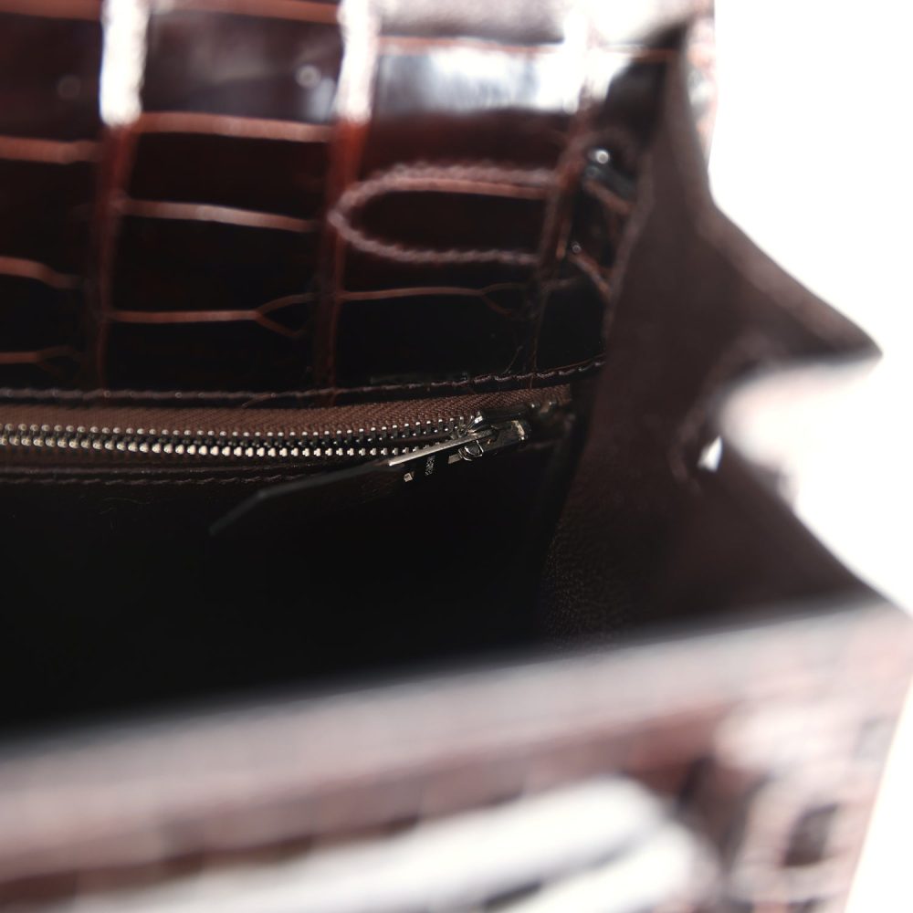 Pre-owned Hermes Kelly Sellier 28 Cocoan Shiny Niloticus Crocodile Palladium Hardware - Image 9