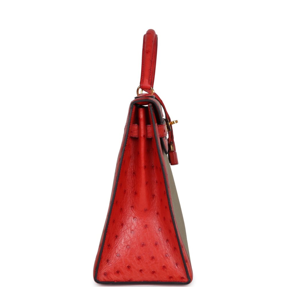 Vintage Hermes Kelly Sellier 32 Rouge Vif Ostrich and Vert Olive Officier Canvas Gold Hardware - Image 3