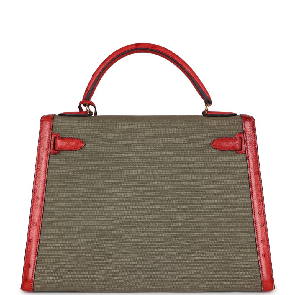 Vintage Hermes Kelly Sellier 32 Rouge Vif Ostrich and Vert Olive Officier Canvas Gold Hardware - Image 4
