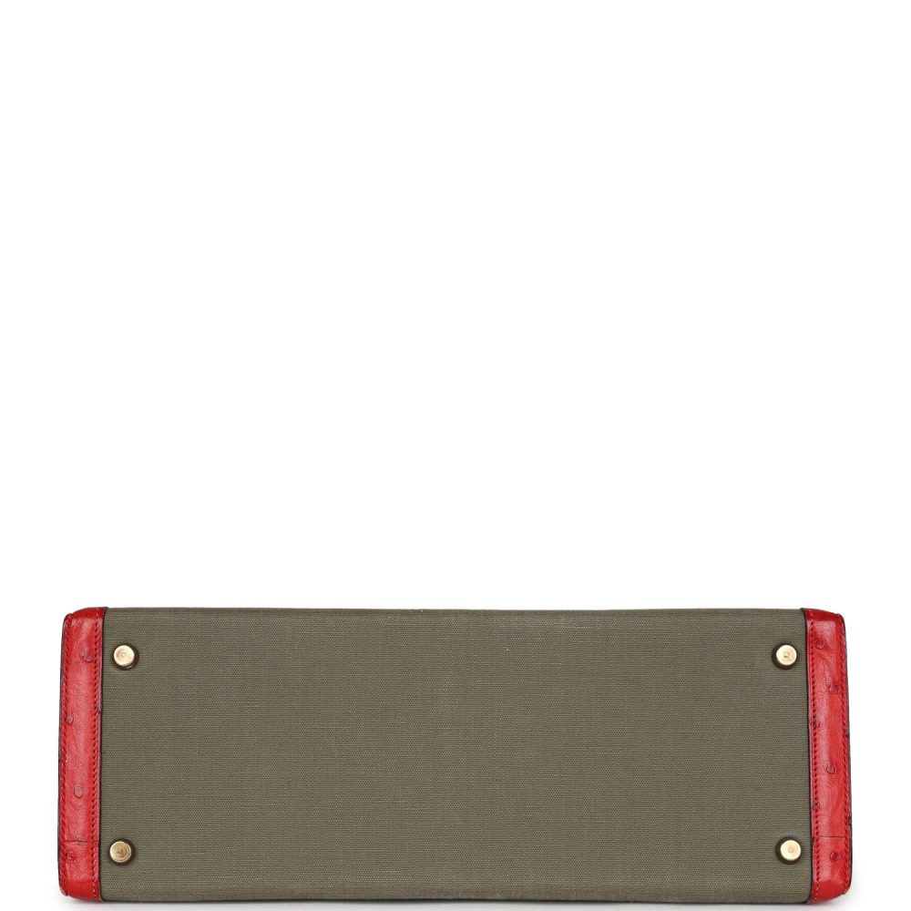 Vintage Hermes Kelly Sellier 32 Rouge Vif Ostrich and Vert Olive Officier Canvas Gold Hardware - Image 6