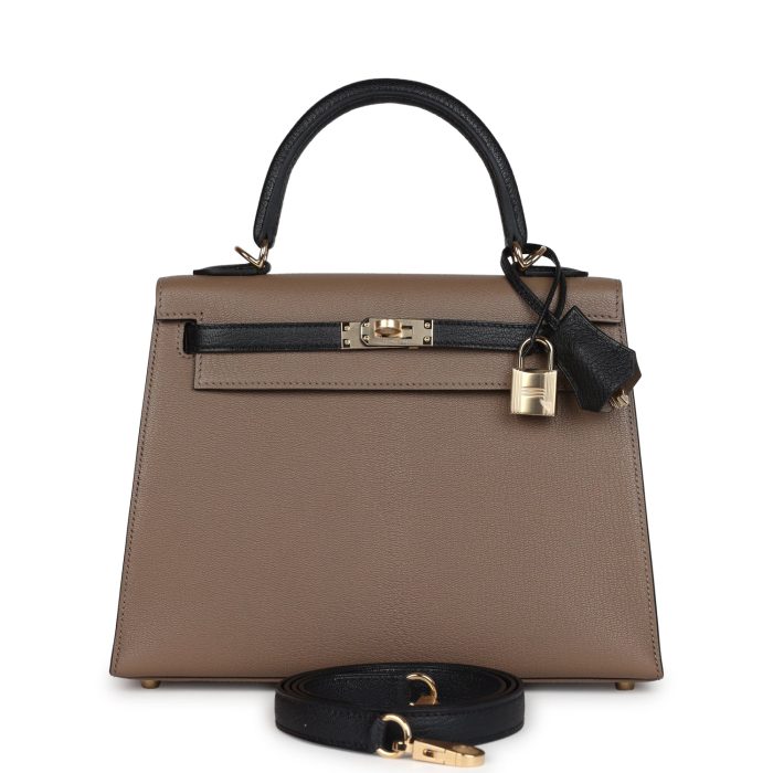 Hermes Special Order (HSS) Kelly Sellier 25 Black and Etoupe Chevre Mysore Permabrass Hardware