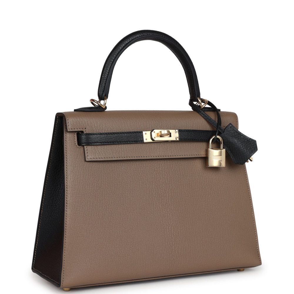 Hermes Special Order (HSS) Kelly Sellier 25 Black and Etoupe Chevre Mysore Permabrass Hardware - Image 2