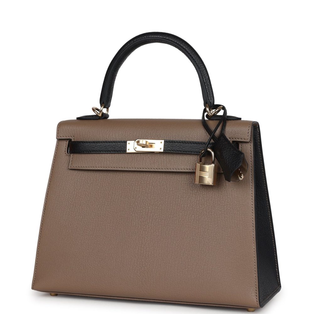 Hermes Special Order (HSS) Kelly Sellier 25 Black and Etoupe Chevre Mysore Permabrass Hardware - Image 5