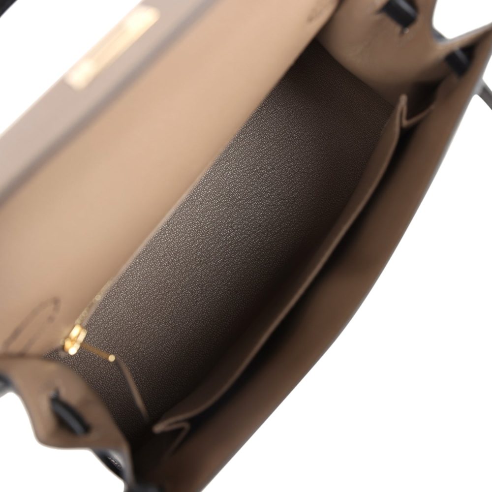 Hermes Special Order (HSS) Kelly Sellier 25 Black and Etoupe Chevre Mysore Permabrass Hardware - Image 8
