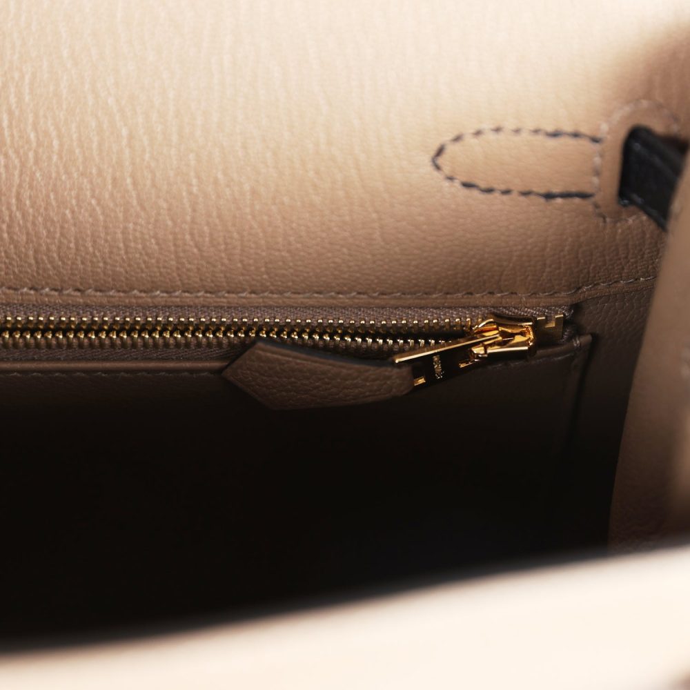 Hermes Special Order (HSS) Kelly Sellier 25 Black and Etoupe Chevre Mysore Permabrass Hardware - Image 9