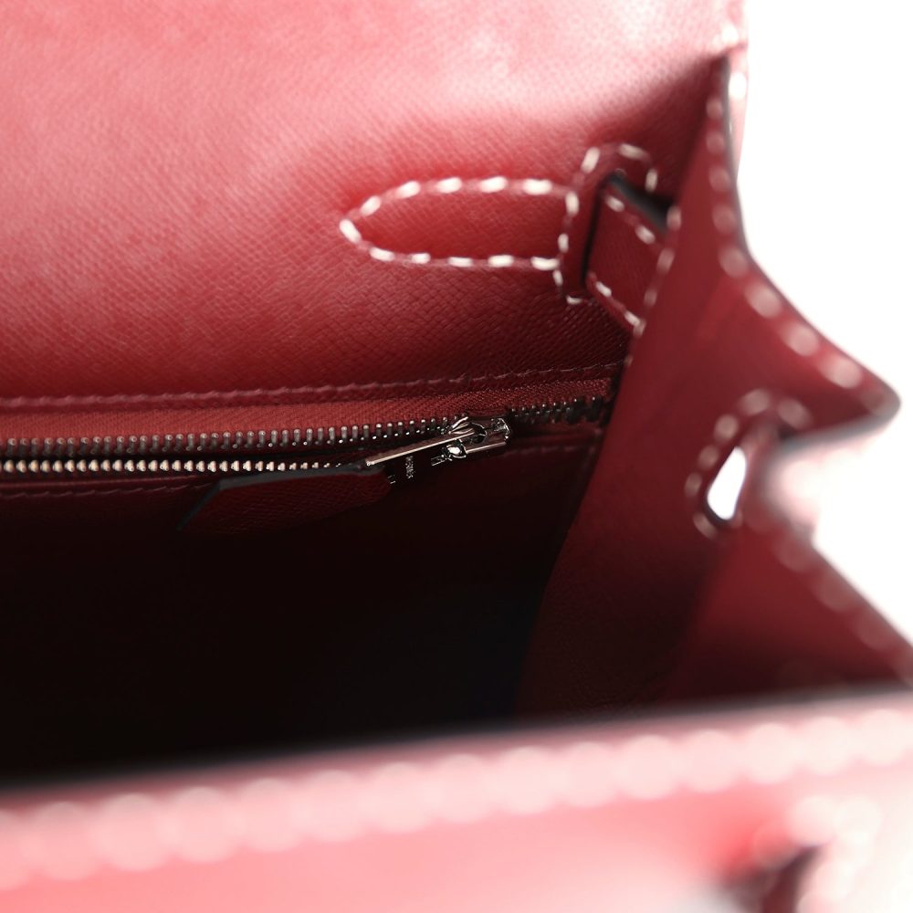 Pre-owned Hermes "Miss You" Kelly Sellier 28 Rouge H Monsieur Palladium Hardware - Image 9