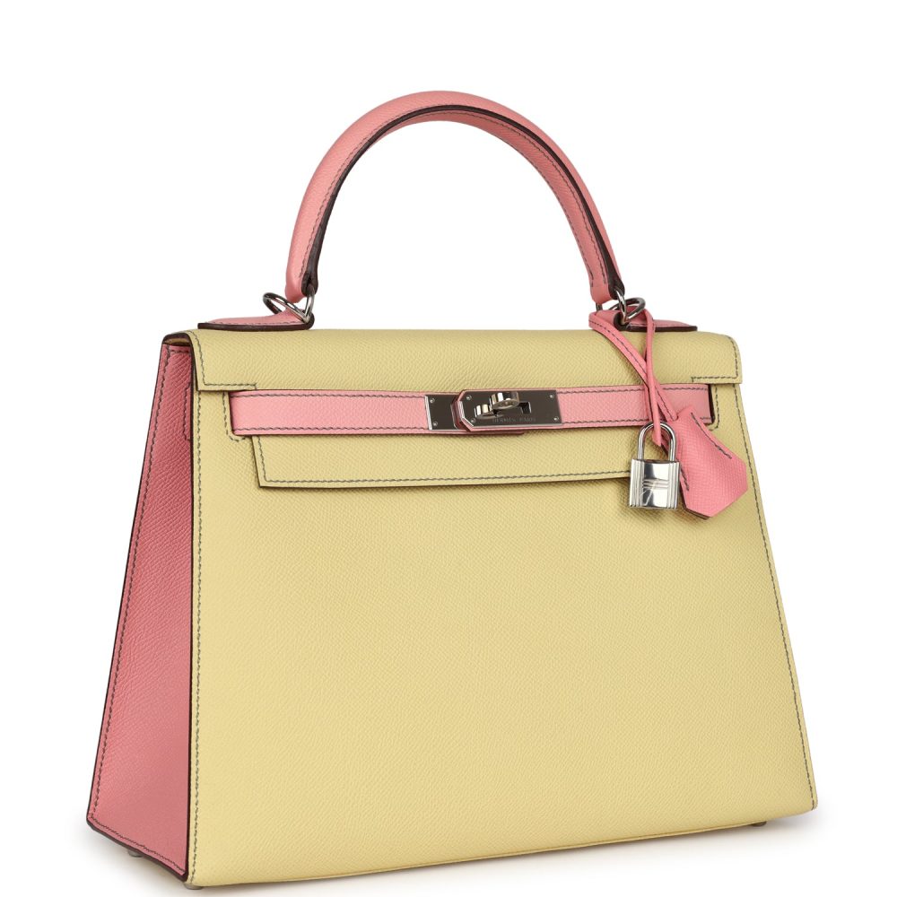 Pre-owned Hermes Special Order (HSS) Kelly Sellier 28 Rose Confetti and Jaune Poussin Epsom Palladium Hardware - Image 2