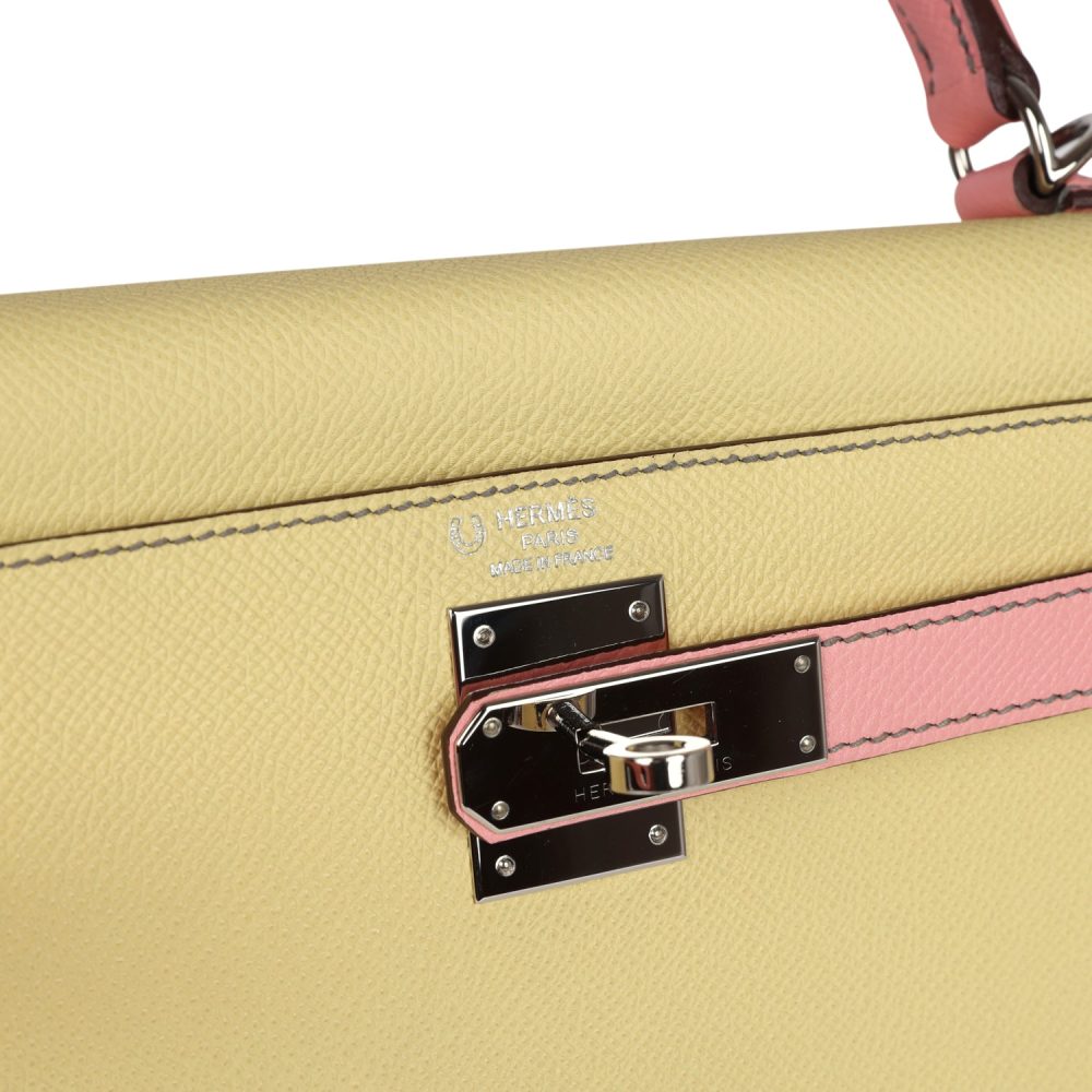 Pre-owned Hermes Special Order (HSS) Kelly Sellier 28 Rose Confetti and Jaune Poussin Epsom Palladium Hardware - Image 7