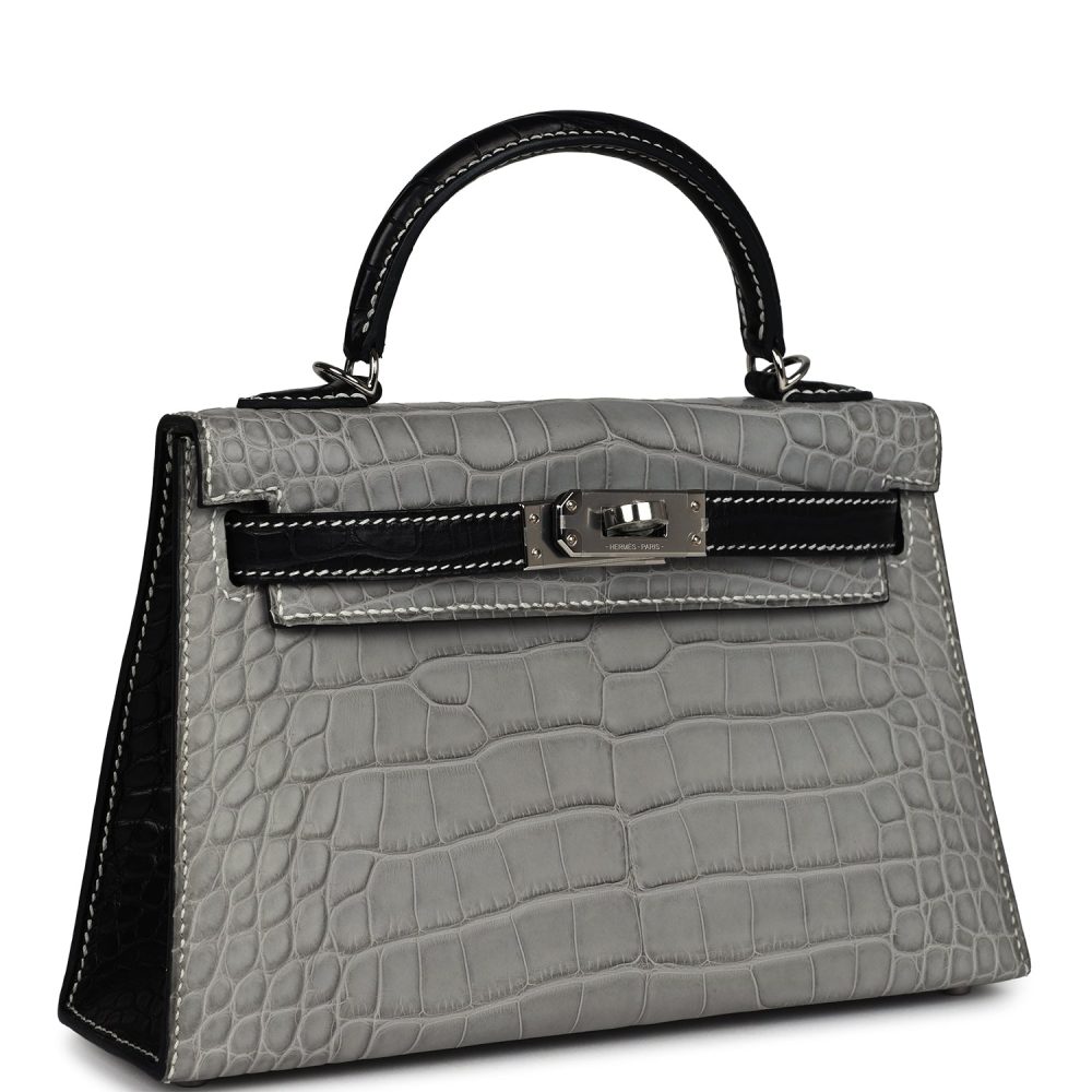 Hermes Special Order (HSS) Kelly Sellier 20 Gris Perle and Black Matte Alligator Palladium Hardware - Image 2