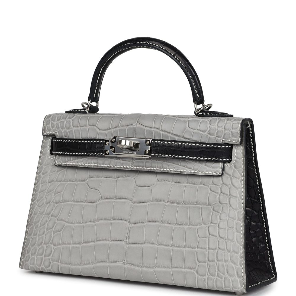 Hermes Special Order (HSS) Kelly Sellier 20 Gris Perle and Black Matte Alligator Palladium Hardware - Image 5
