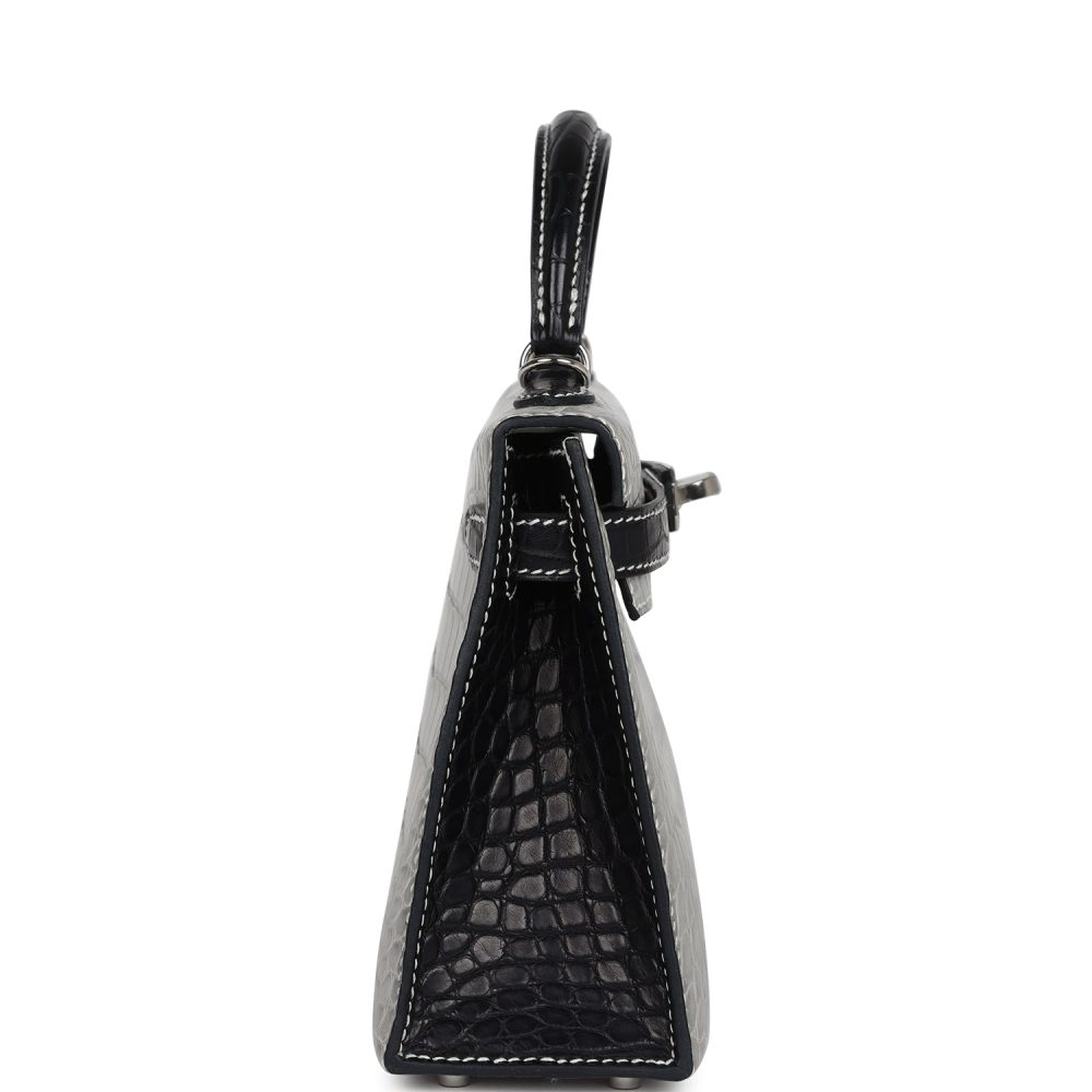 Hermes Special Order (HSS) Kelly Sellier 20 Gris Perle and Black Matte Alligator Palladium Hardware - Image 3