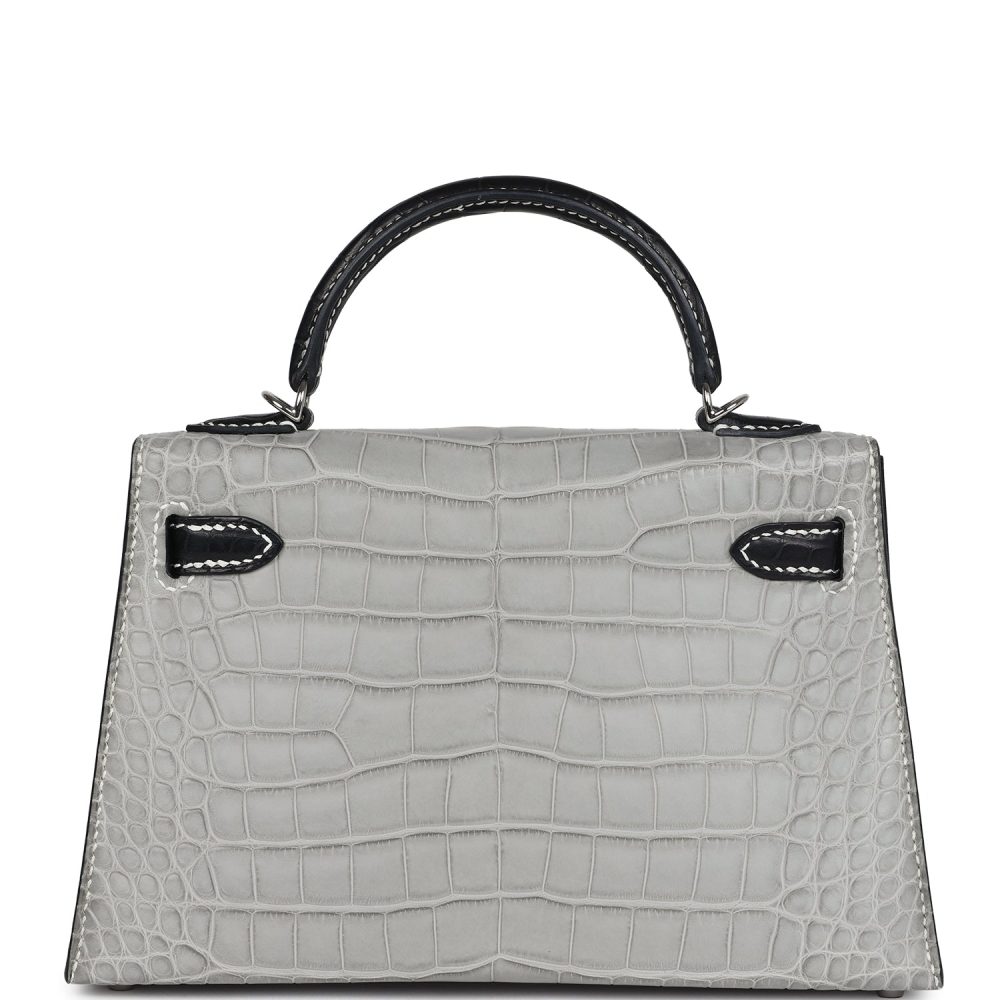 Hermes Special Order (HSS) Kelly Sellier 20 Gris Perle and Black Matte Alligator Palladium Hardware - Image 4