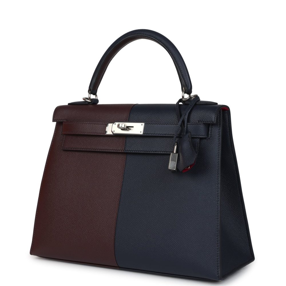 Hermes Kelly Sellier 28 Casaque Bleu Indigo and Rouge Sellier Epsom Palladium Hardware - Image 5