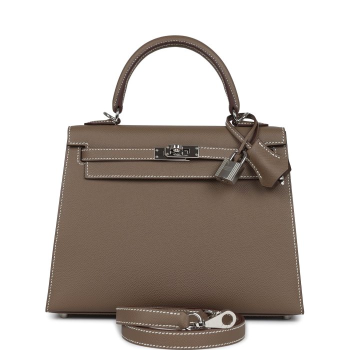 Pre-owned Hermes Kelly Sellier 25 Etoupe Epsom Palladium Hardware