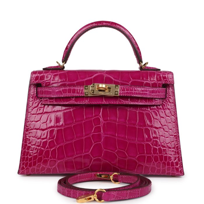 Pre-owned Hermes Kelly Sellier 20 Rose Scheherazade Shiny Alligator Gold Hardware