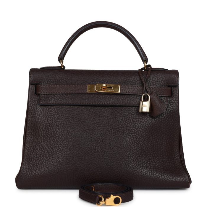Vintage Hermes Kelly Retourne 32 Marron Fonce Fjord Gold Hardware