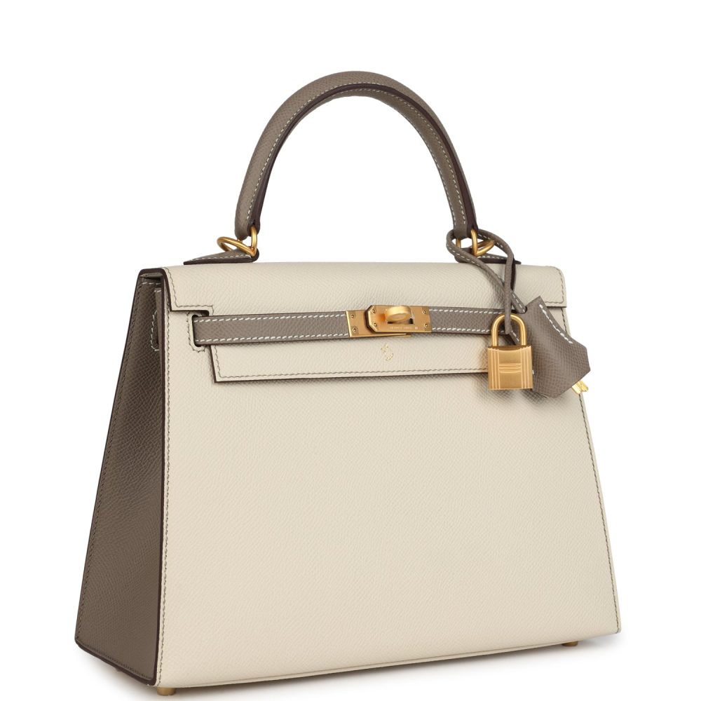 Hermes Special Order (HSS) Kelly Sellier 25 Craie and Gris Asphalte Epsom Brushed Gold Hardware - Image 2