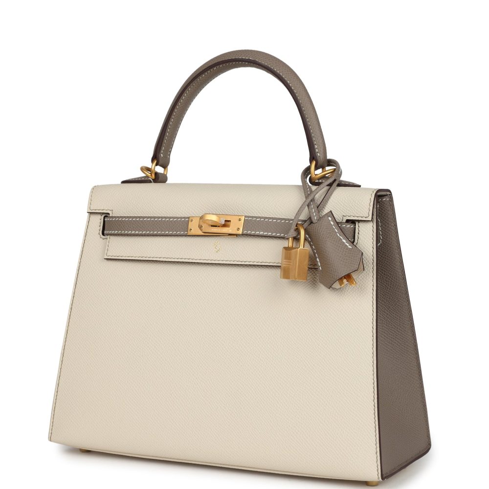 Hermes Special Order (HSS) Kelly Sellier 25 Craie and Gris Asphalte Epsom Brushed Gold Hardware - Image 5