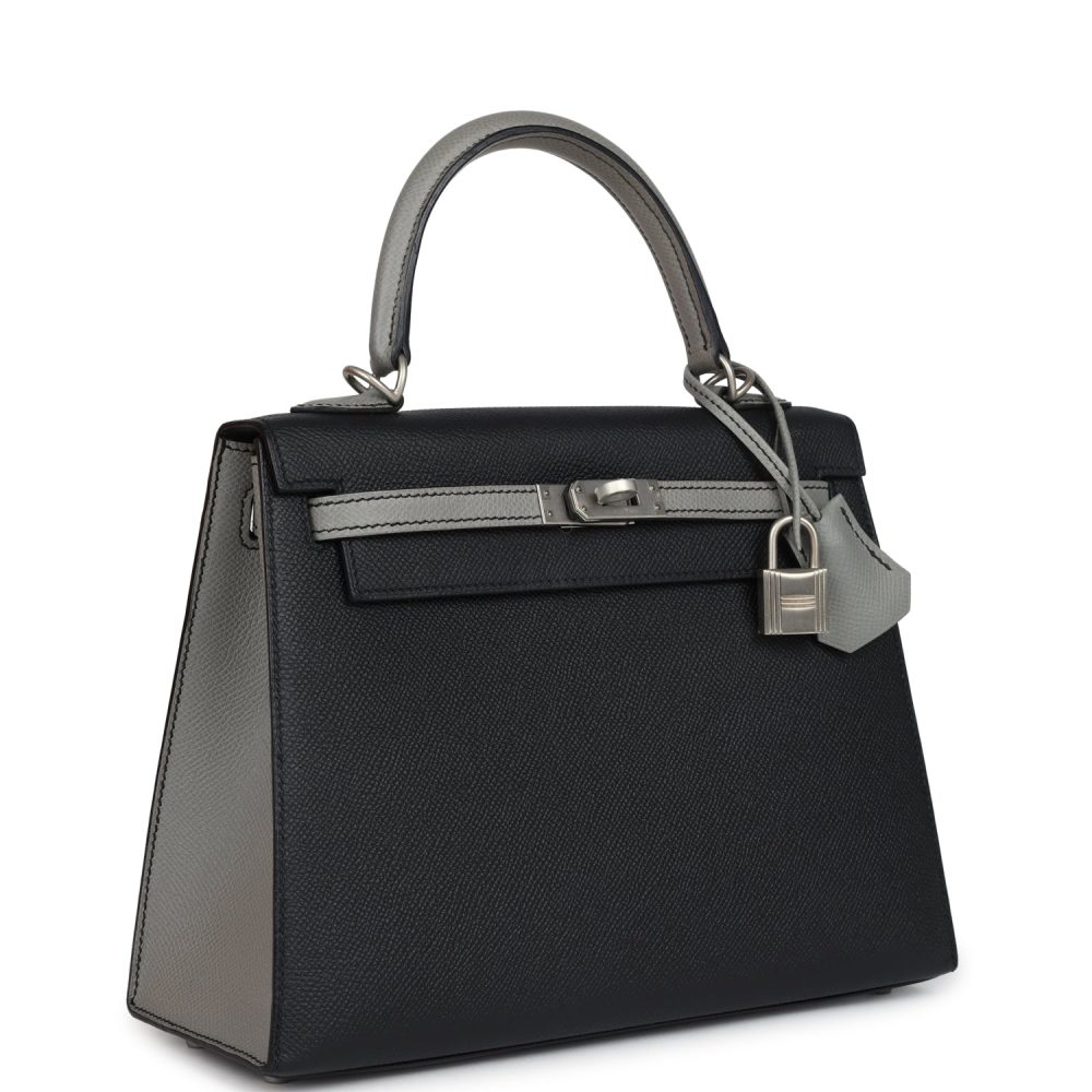 Hermes Special Order (HSS) Kelly Sellier 25 Black and Gris Mouette Epsom Brushed Gold Hardware - Image 2