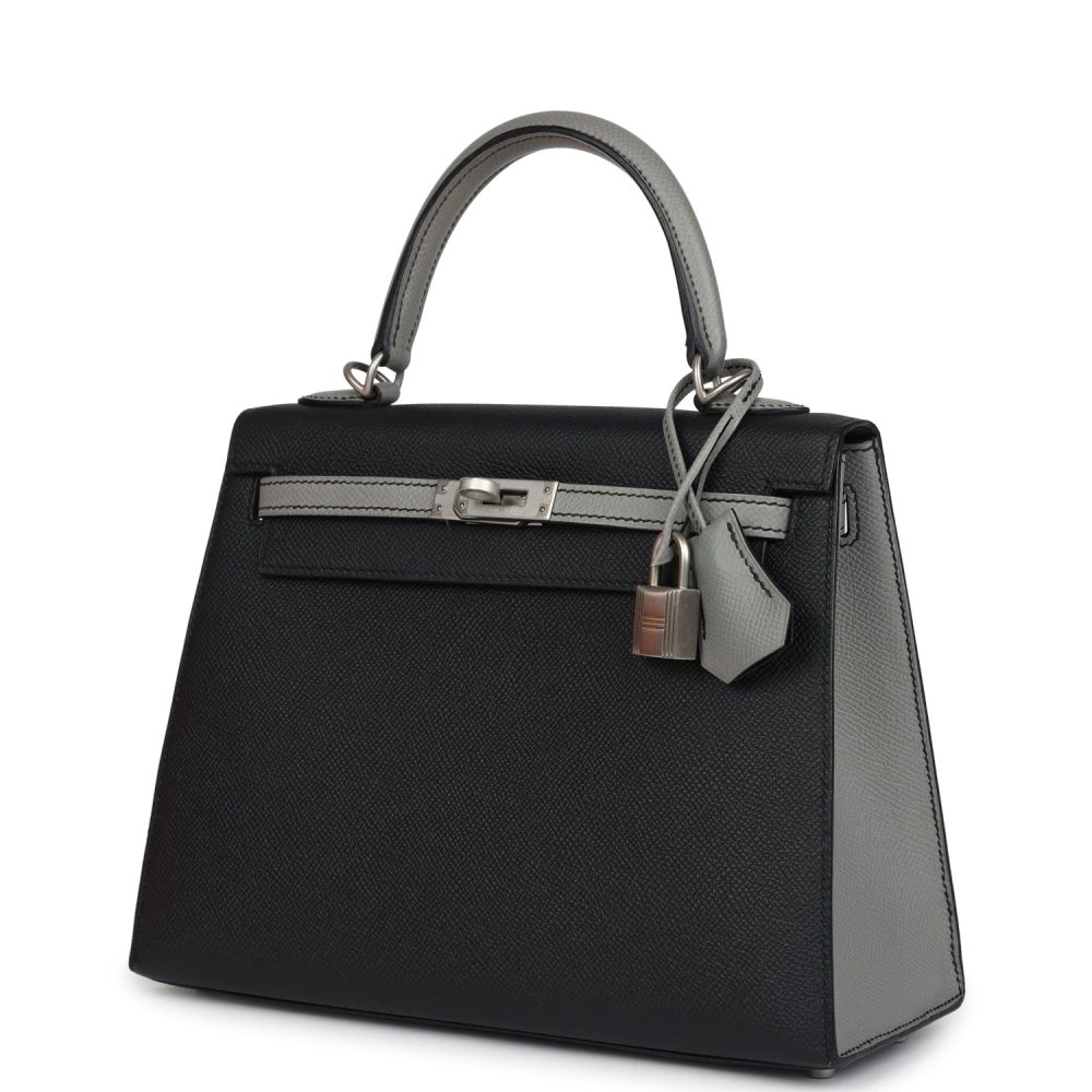 Hermes Special Order (HSS) Kelly Sellier 25 Black and Gris Mouette Epsom Brushed Gold Hardware - Image 5