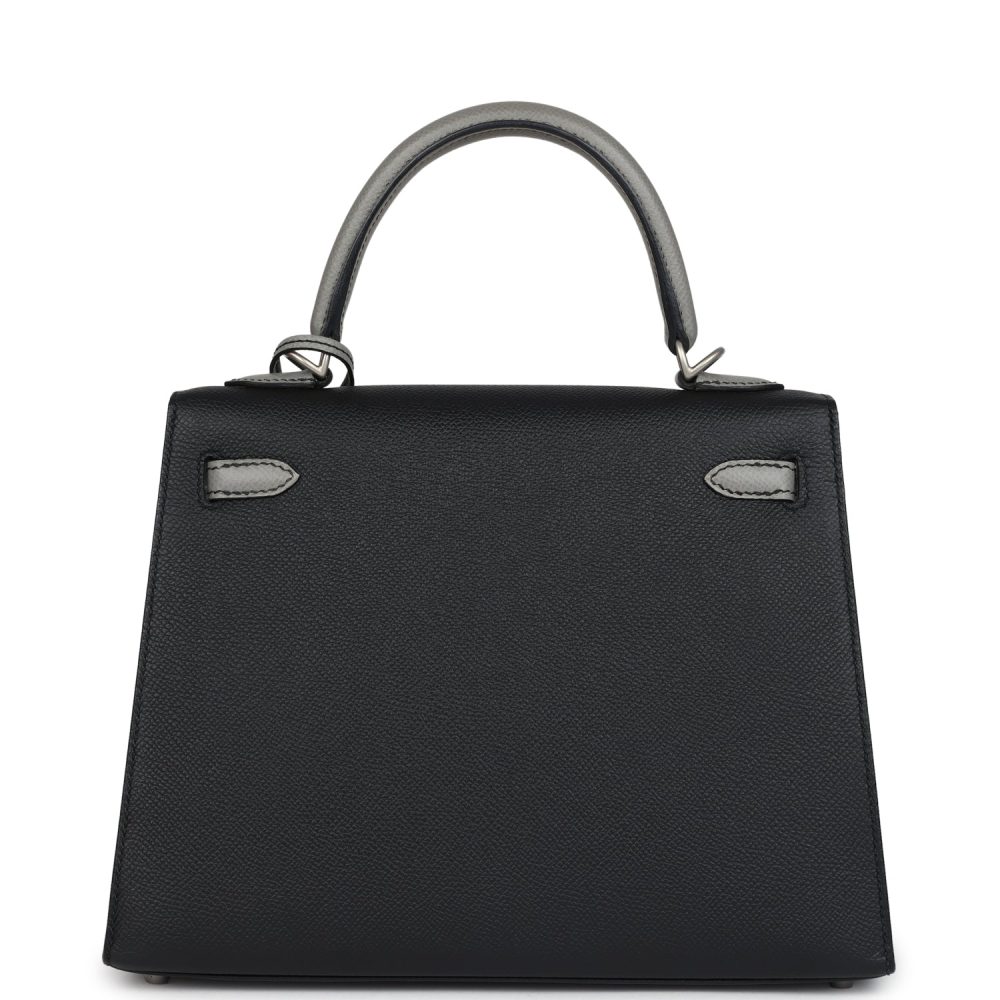 Hermes Special Order (HSS) Kelly Sellier 25 Black and Gris Mouette Epsom Brushed Gold Hardware - Image 4