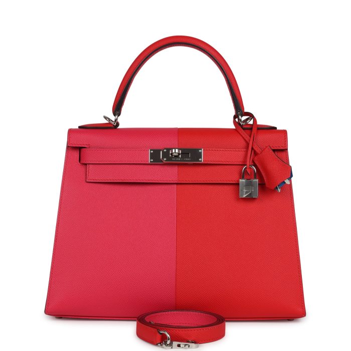 Pre-owned Hermes Kelly Sellier 28 Casaque Rouge De Coeur, Rose Extreme and Bleu Zanzibar Epsom Palladium Hardware