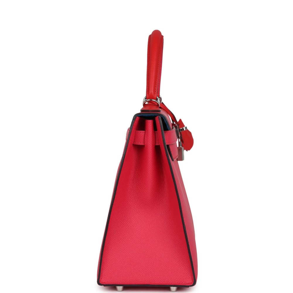 Pre-owned Hermes Kelly Sellier 28 Casaque Rouge De Coeur, Rose Extreme and Bleu Zanzibar Epsom Palladium Hardware - Image 3