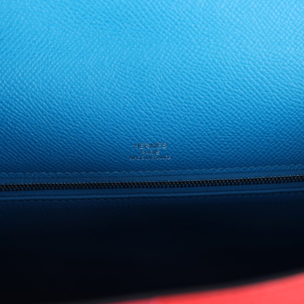 Pre-owned Hermes Kelly Sellier 28 Casaque Rouge De Coeur, Rose Extreme and Bleu Zanzibar Epsom Palladium Hardware - Image 7
