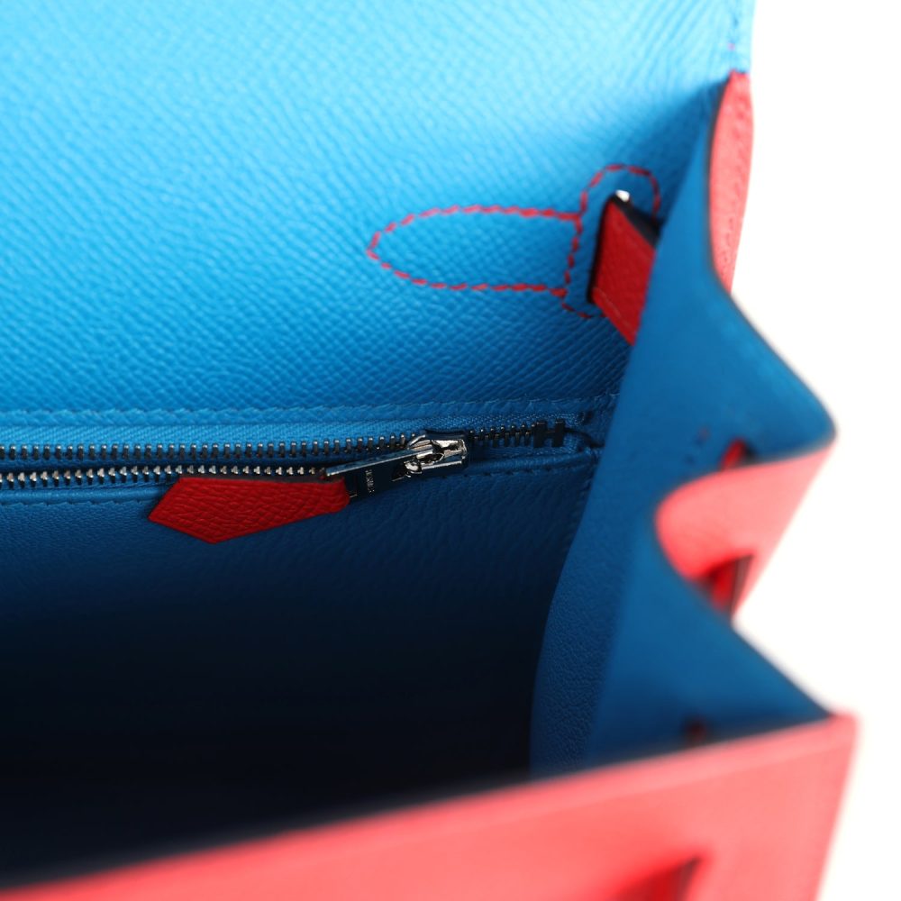 Pre-owned Hermes Kelly Sellier 28 Casaque Rouge De Coeur, Rose Extreme and Bleu Zanzibar Epsom Palladium Hardware - Image 8