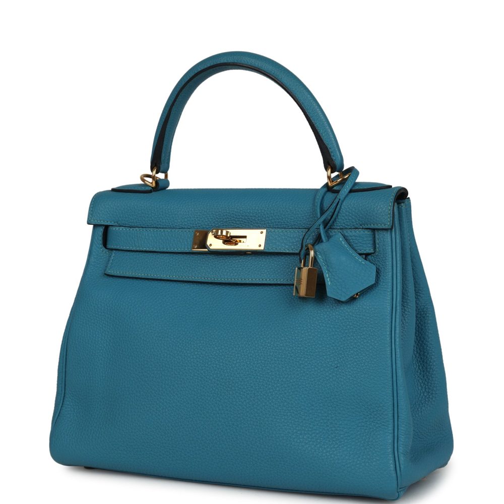 Pre-owned Hermes Kelly Retourne 28 Turquoise Togo Gold Hardware - Image 5