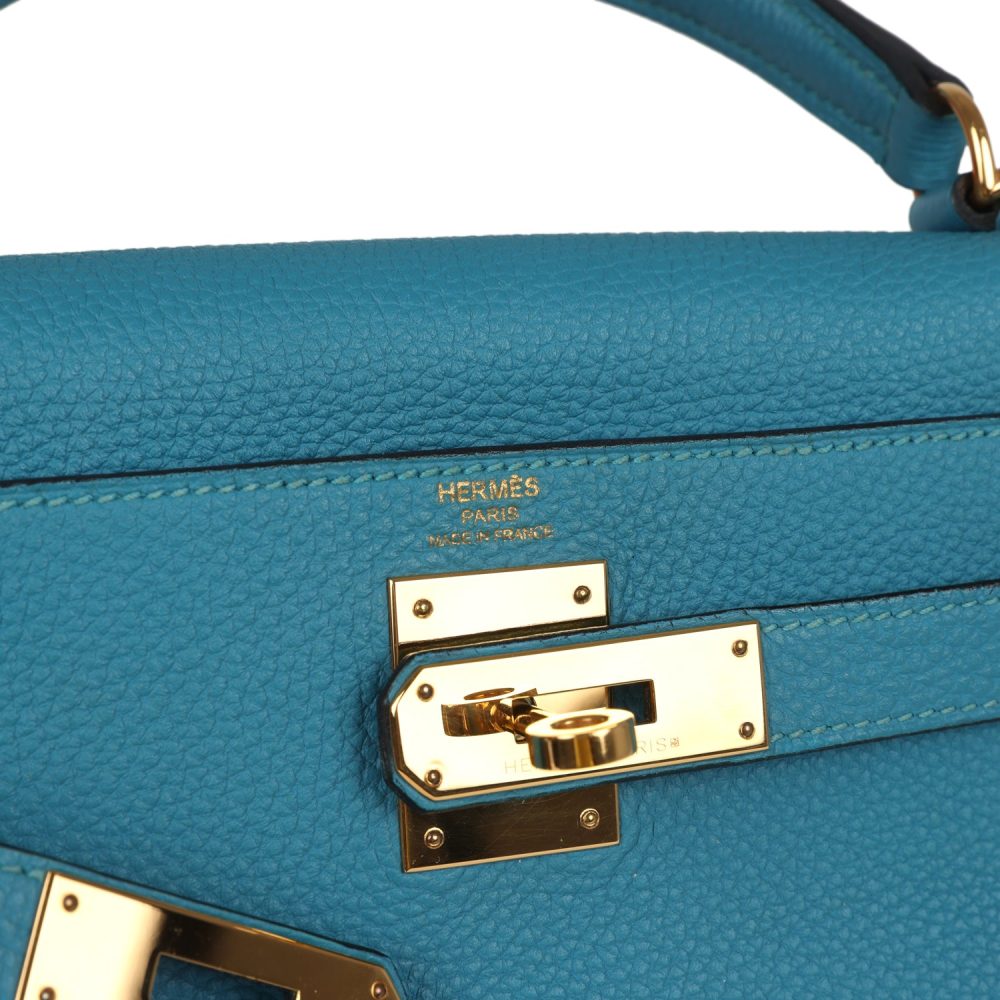 Pre-owned Hermes Kelly Retourne 28 Turquoise Togo Gold Hardware - Image 7
