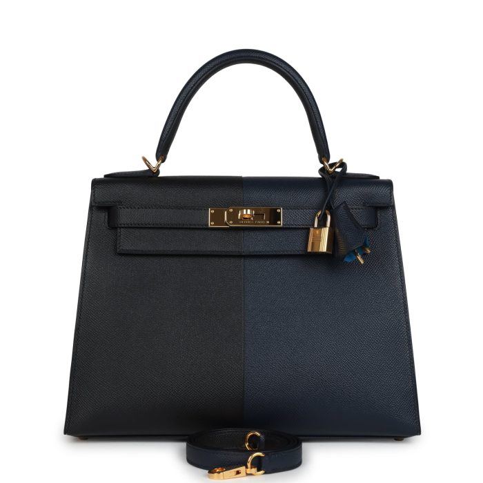Pre-owned Hermes Kelly Sellier 28 Casaque Bleu Indigo and Black Epsom Gold Hardware