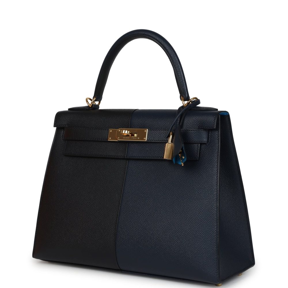 Pre-owned Hermes Kelly Sellier 28 Casaque Bleu Indigo and Black Epsom Gold Hardware - Image 5