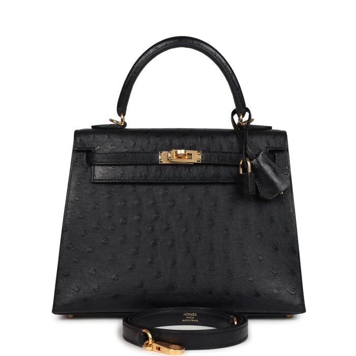 Hermes Kelly Sellier 25 Black Ostrich Gold Hardware