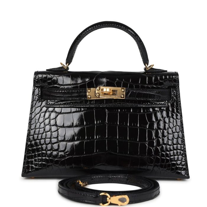 Hermes Kelly Sellier 20 Black Shiny Alligator Gold Hardware