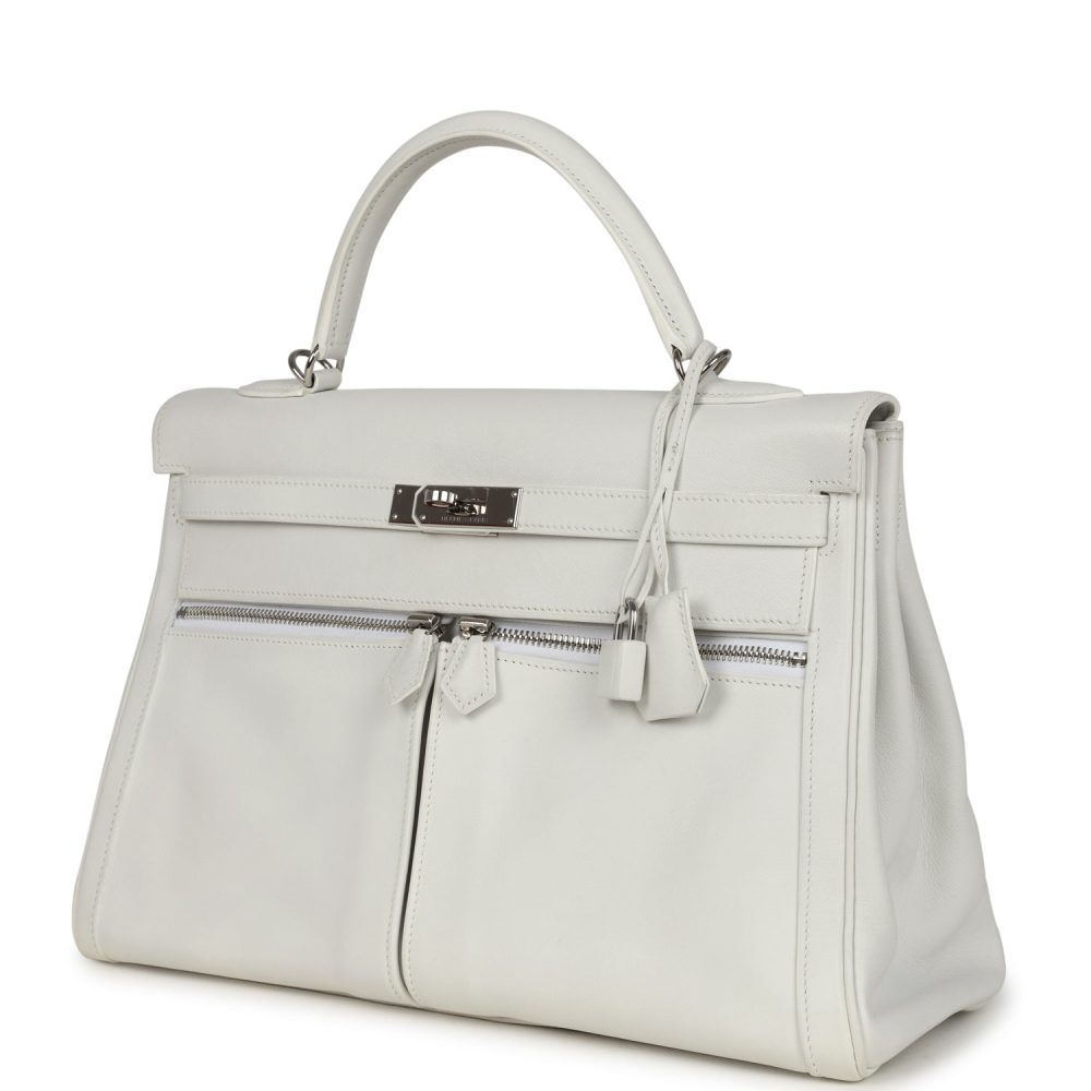 Pre-owned Hermes Kelly Lakis 35 White Swift Palladium Hardware - Image 5